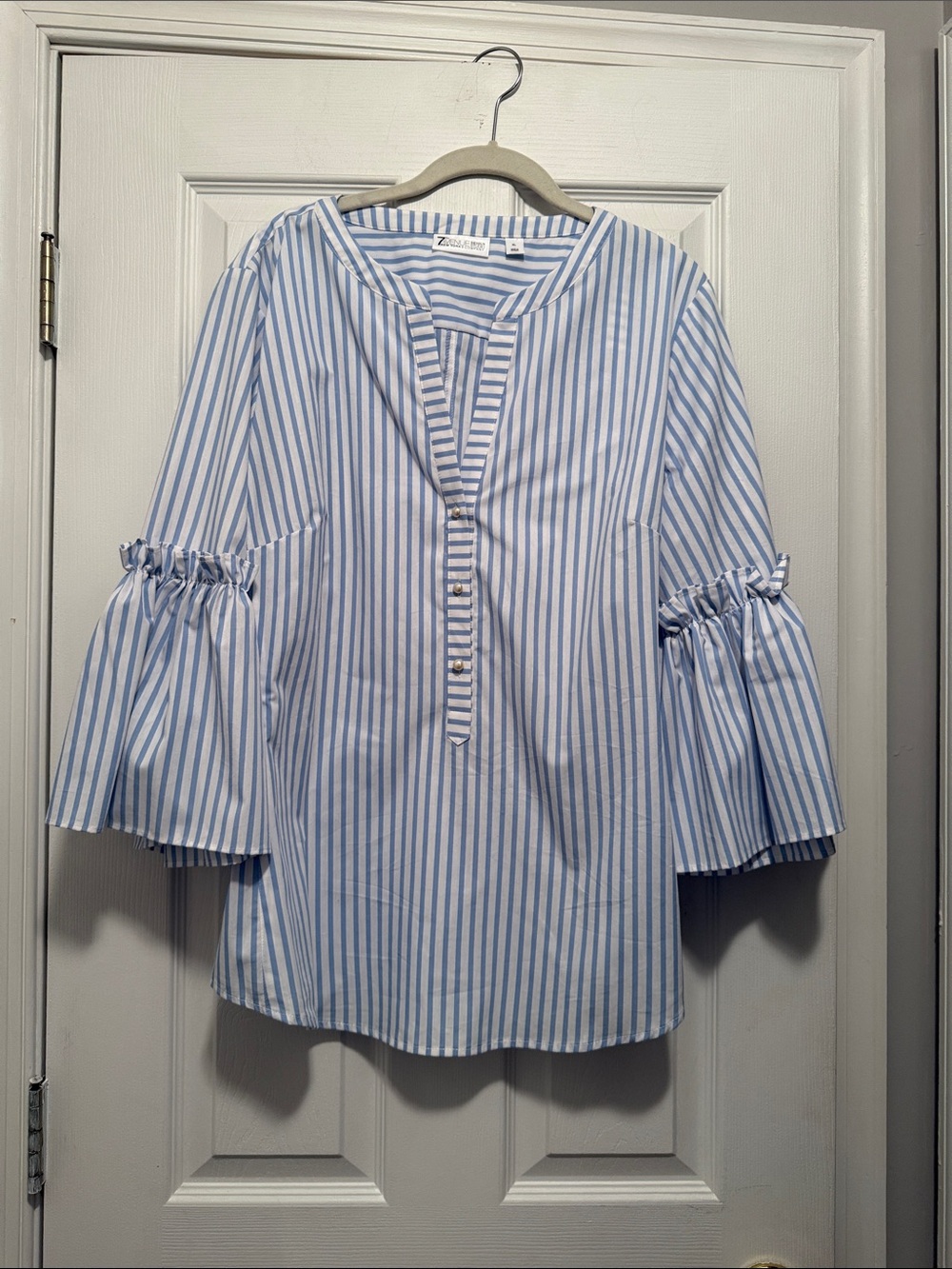 New York & Company Light Blue and White Striped Bell-Sleeve Blouse